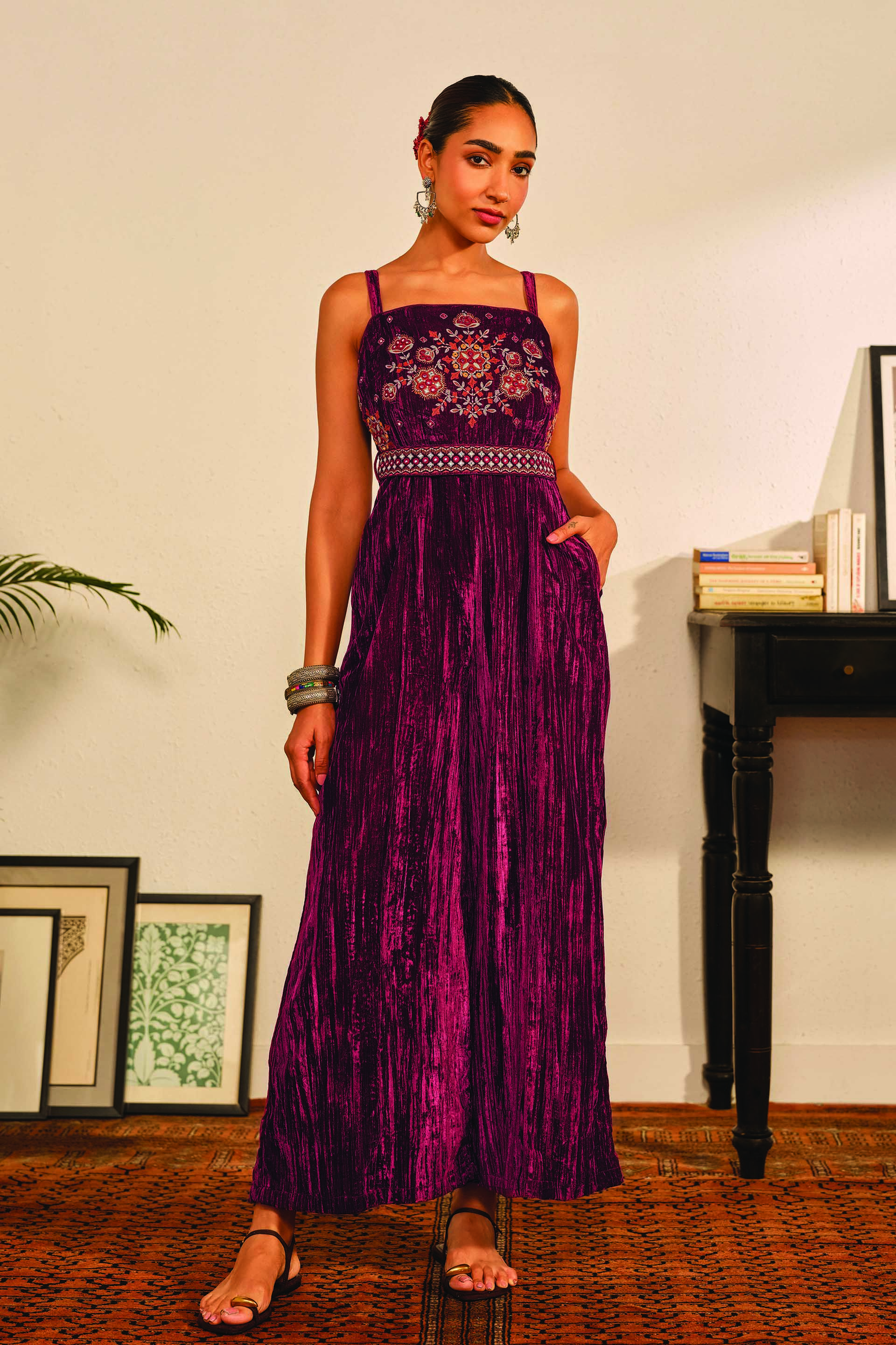 Embroidered Velvet Strappy Jumpsuit in Wine